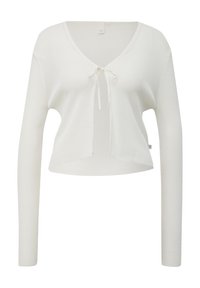 Biały, krótki sweter z długimi rękawami, dekoltem w serek, z detalem w postaci wiązania z przodu oraz teksturowaną, prążkowaną tkaniną.