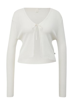 Biały, krótki sweter z długimi rękawami, dekoltem w serek, z detalem w postaci wiązania z przodu oraz teksturowaną, prążkowaną tkaniną.
