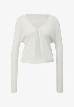 Witte cropped sweater met lange mouwen, v-hals, strikdetail aan de voorkant en textuur in ribstof.