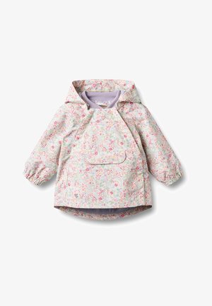 Dziecięca kurtka z kapturem w pastelowy kwiatowy wzór, z przednią kieszenią na patkę, elastycznymi mankietami oraz lawendową podszewką kołnierza z prążkowanej dzianiny.