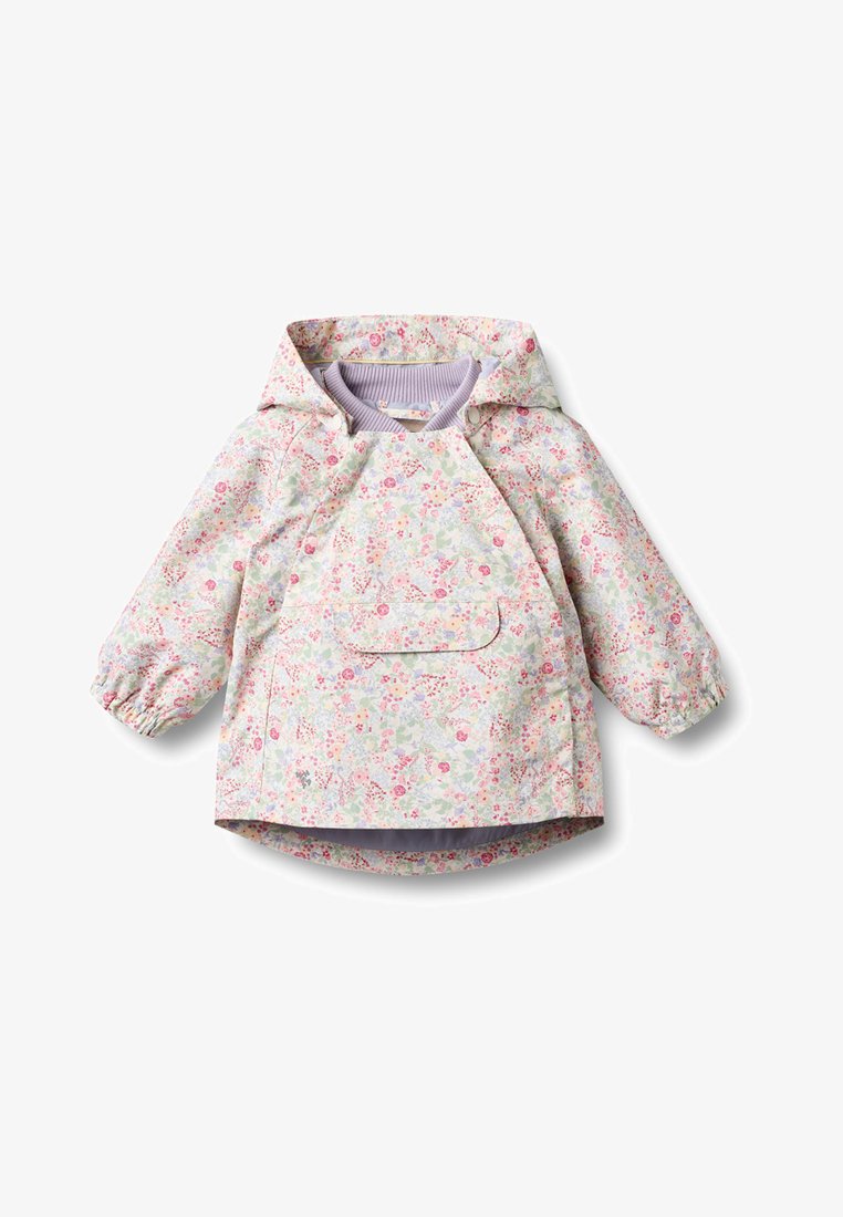Kinderjas met capuchon, pastelbloemenprint, voorvak met klep, elastische manchetten en lila geribbelde kraagvoering.