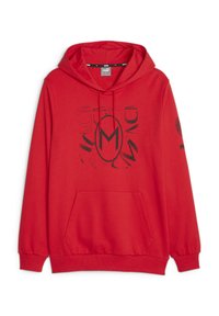 Sudadera roja con bolsillo canguro frontal, capucha con cordón y gran logotipo gráfico negro. Presenta puños y dobladillo acanalados para un ajuste ceñido.