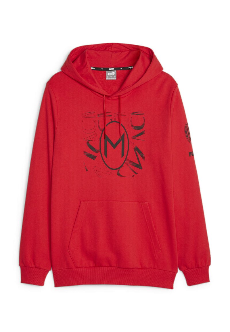Sudadera roja con bolsillo canguro frontal, capucha con cordón y gran logotipo gráfico negro. Presenta puños y dobladillo acanalados para un ajuste ceñido.