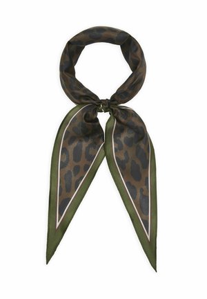 Seidenschal mit grünem Rand und braun-schwarzem Leopardenmuster, locker zu einem Knoten mit zwei spitzen Enden gebunden.