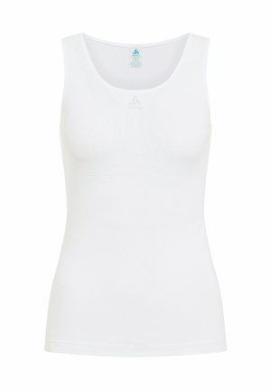 Weißes, ärmelloses Sporttanktop aus atmungsaktivem Netzstoff; mit Rundhalsausschnitt und einer glatten Textur sowie minimalen Designelementen.