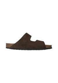 Bruine suède slip-on sandalen met een open teen en uitsnijdingen. Korken voetbed en een gestructureerde zwarte rubberen zool.