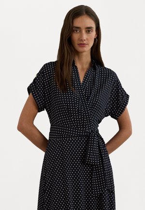 Lauren Ralph Lauren POLKA DOT BELTED CREPE DRESS - Day dress - navy/cream