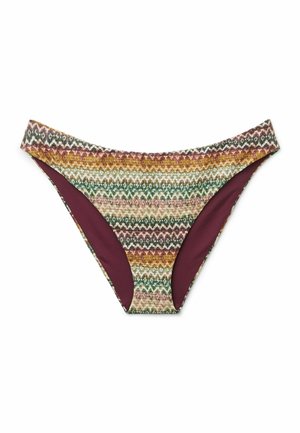 Nízkopásové kalhotky bikin s vícebarevným cikcak vzorem a bordó vnitřní podšívkou, zobrazené na bílém pozadí.