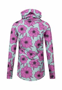 Haut à manches longues en tissu vert menthe avec un motif floral vibrant rose et des accents noirs, ainsi qu'un design à col montant.