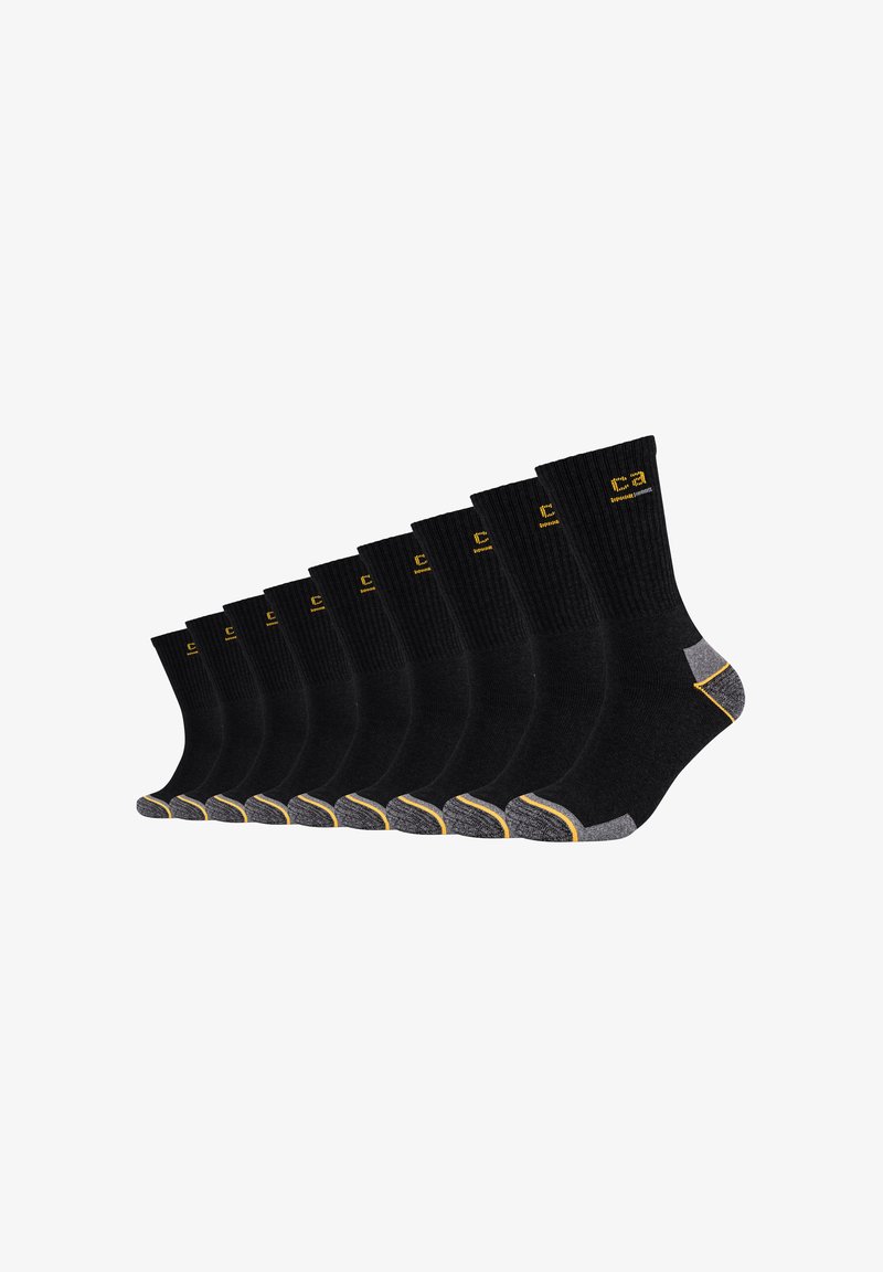 Schwarze Baumwollsocken mit geripptem Muster, grauen Akzenten an Ferse und Zehen sowie gelbem Logo. Neun Paare in einer Reihe präsentiert.
