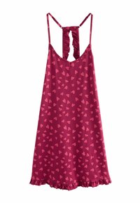 Fuchsia natkjole med pink hjerte mønster, spaghetti stropper, flæse detaljer i ryggen og en flæset kant. Blødt stof.