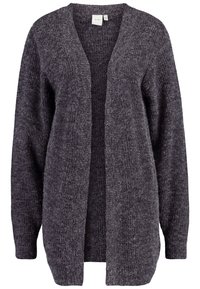 Charcoal šedý otevřený kardigan vyrobený z texturovaného pleteného materiálu, s dlouhými rukávy a uvolněným střihem. Bez zapínání nebo vzorů.