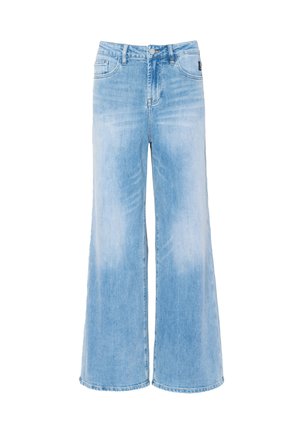 Lichtblauwe denim jeans met wijde pijpen, vooraan knoopsluiting en zakken, met een lichte vervaging en een hoge taille.
