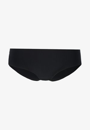 Schwarzer Bikini-Hosenboden aus glattem Stoff. Verfügt über ein nahtloses Design mit mittlerer Bedeckung und elastischem Taillenbund. Minimalistischer Stil.