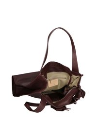 Bordeauxrode leren tote bag met een gestructureerde afwerking, voorzien van twee schouderbanden en een ruim binnenvak met een beige voering.