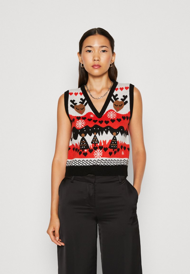 ONLY ONLXMAS HEART V NECK VEST - Džemperis - black/poppy red/green bee
