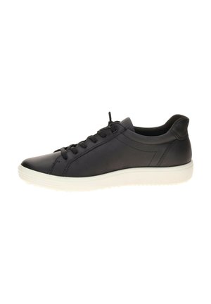 Black leather low-top sneaker with black laces and white rubber sole shown from the outside side view on a white background.