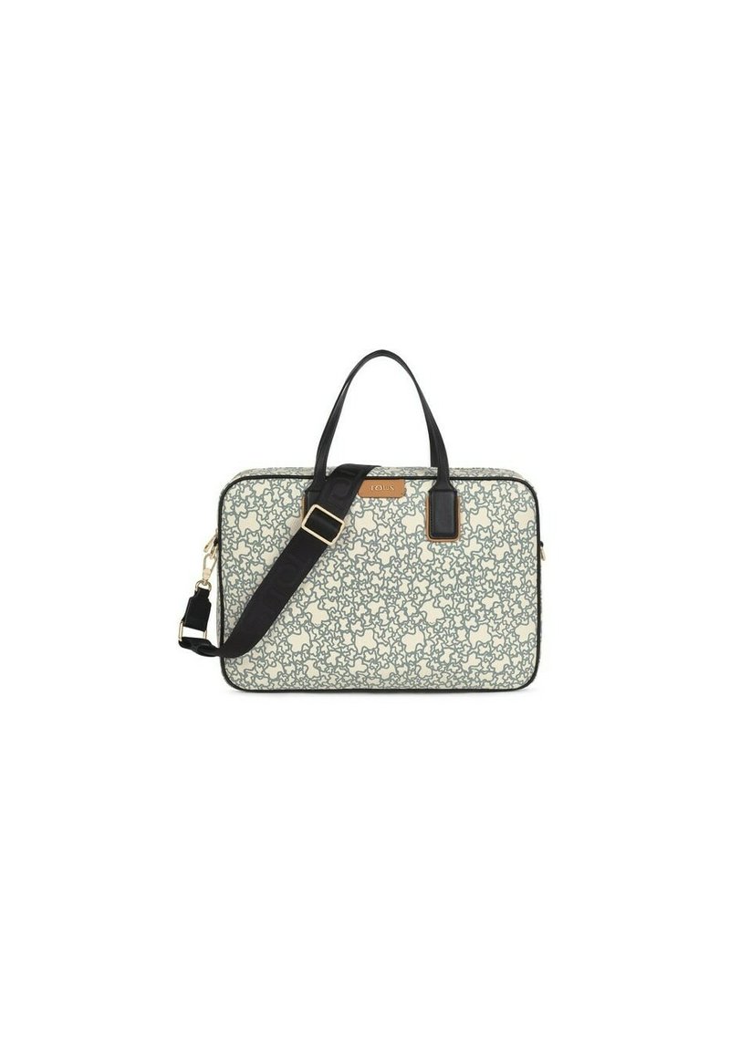 Bolso para portátil con base crema, patrón floral negro, asas negras y correa de hombro desmontable. Detalles en hardware dorado y logotipo.