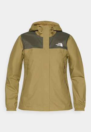 Giacca con cappuccio verde oliva e marrone chiaro, con zip frontale, polsini elasticizzati e logo sul petto. Tessuto strutturato con dettagli a cucitura.