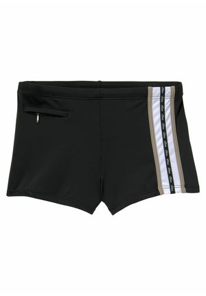 Schwarze Badshorts mit passgenauer Passform, ausgestattet mit einem seitlichen Einsatz in Weiß, Grau und Schwarz sowie einer kleinen Reißverschlusstasche.