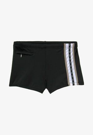 Black swim shorts with a fitted design, featuring a side panel with white, gray, and black stripes and a small zippered pocket.