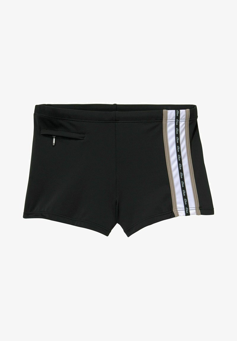 Schwarze Badshorts mit passgenauer Passform, ausgestattet mit einem seitlichen Einsatz in Weiß, Grau und Schwarz sowie einer kleinen Reißverschlusstasche.