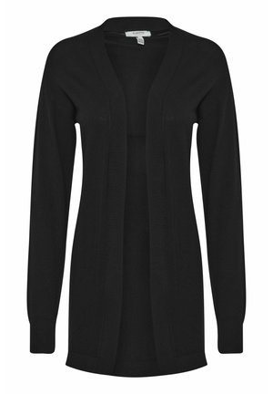 Juodas kardiganas su laisvu kirpimu, atvira priekyje, ilgomis rankovėmis, įaugusiais rankogaliais ir lygiu mezgimo raštu. Be mygtukų, paprastas dizainas.