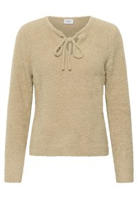 Beige, hosszú ujjú pulóver, texturált, puha anyagból készült. Kör alakú nyakkivágással és megkötős záródással, valamint laza fazonban készült.