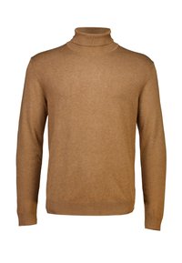 Maglione dolcevita marrone realizzato in morbido tessuto a maglia. Presenta maniche lunghe e polsini e orlo a coste. Semplice, colore uniforme senza fantasie.