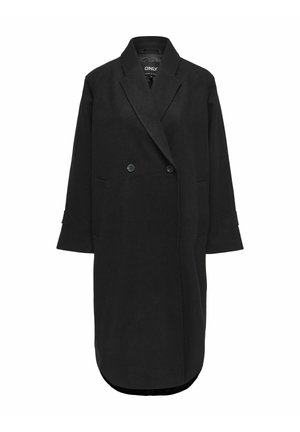 Cappotto in misto lana nero con chiusura doppiopetto, colletto a risvolto, maniche a tre quarti e due tasche laterali. Texture liscia e vestibilità su misura.