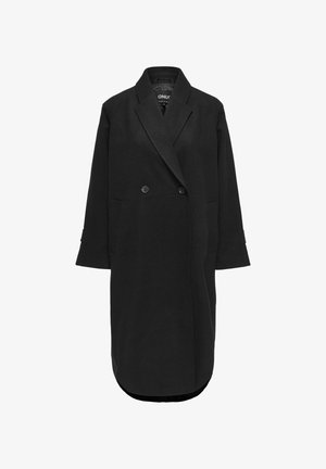 Black wool blend coat with a double-breasted front, notch collar, three-quarter sleeves, and two side pockets. Smooth texture and tailored fit.