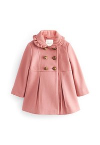 Double-breasted pink wool coat with a ruffled collar and gold-tone buttons. Features structured sleeves and pleated front design.
