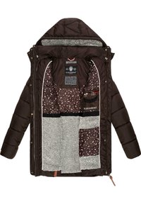 Brown padded jacket with a fur-lined interior, featuring a patterned lining, multiple pockets, and a detachable hood. Zipper closure included.