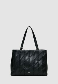 Borsa nera trapuntata di forma rettangolare, realizzata in pelle. Presenta due manici spessi e un logo discreto sul davanti.