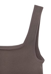 Brown ribbed tank top with wide straps and a rounded neckline. The fabric appears soft and flexible, highlighting a smooth texture.
