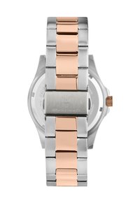Silver och roséguld i rostfritt stål armband, med borstad och polerad länkar, en rund klocka och en synlig krona på sidan.