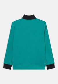 Sudadera verde azulado con cuello alto, detalles negros en los puños y el dobladillo, de textura suave y lisa, con un diseño sencillo.