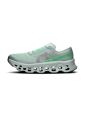 Light green running shoe with large ventilated white sole and "ON RUNNING" text in bright green on side.