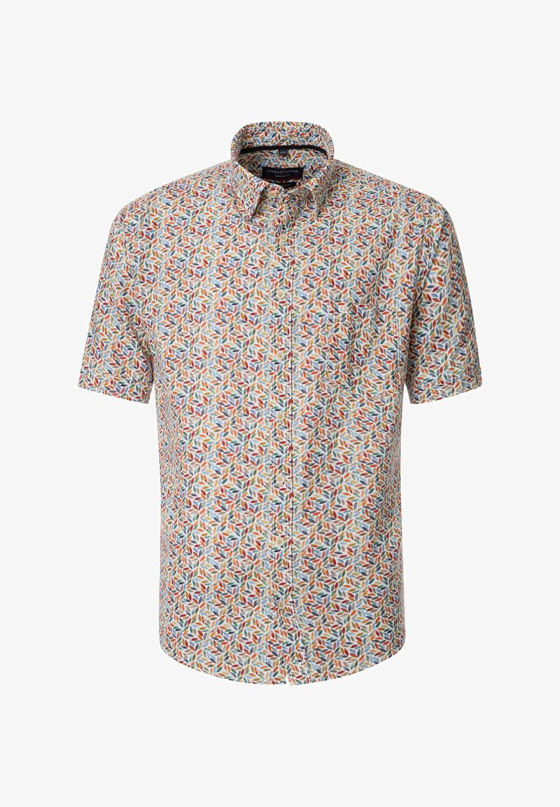 Short-sleeve button-up shirt with a multicolored leaf pattern on a light background; cotton fabric, standard collar, and front pocket.