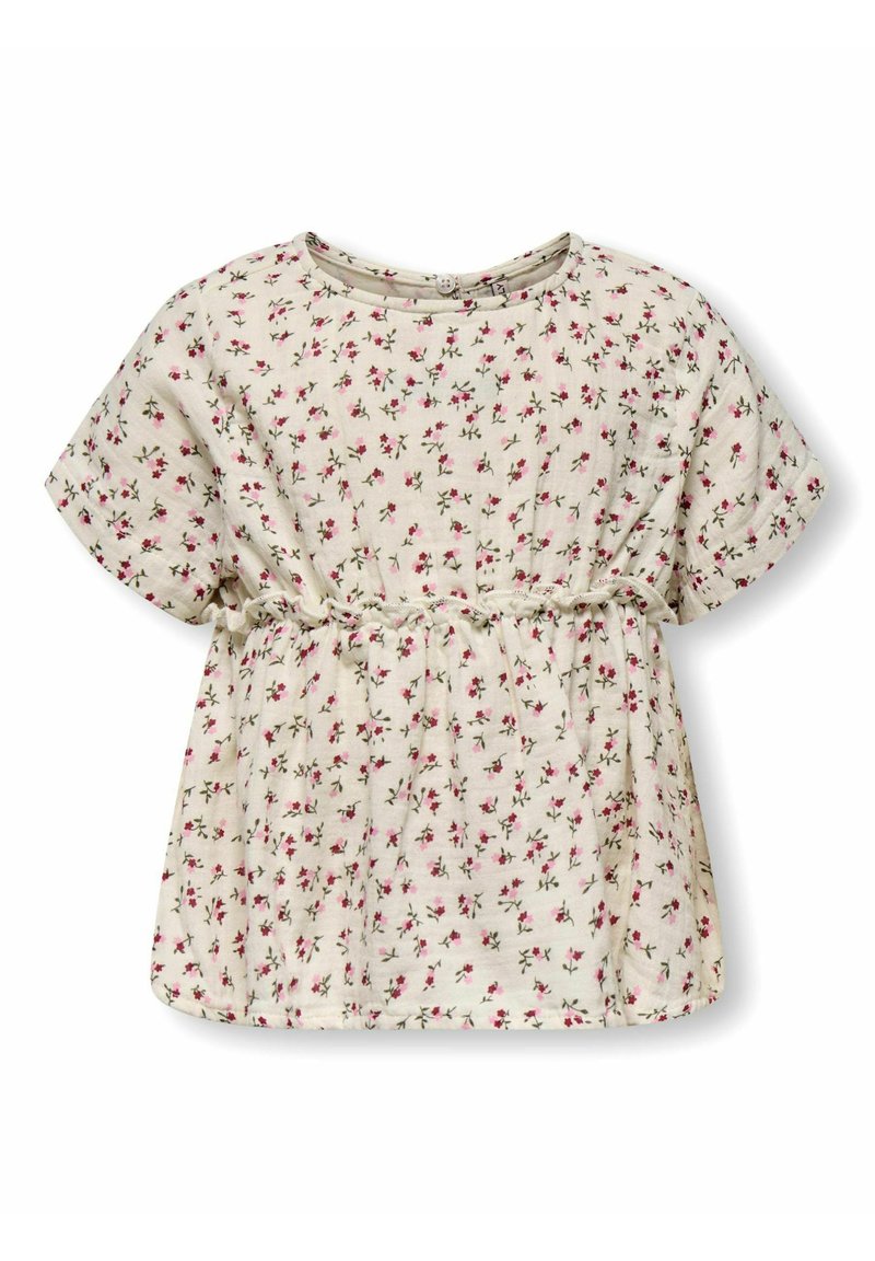 Blusa floreale in tessuto beige chiaro, con maniche corte, scollo rotondo e vita elastica, decorata con delicati motivi floreali rosa e verde.