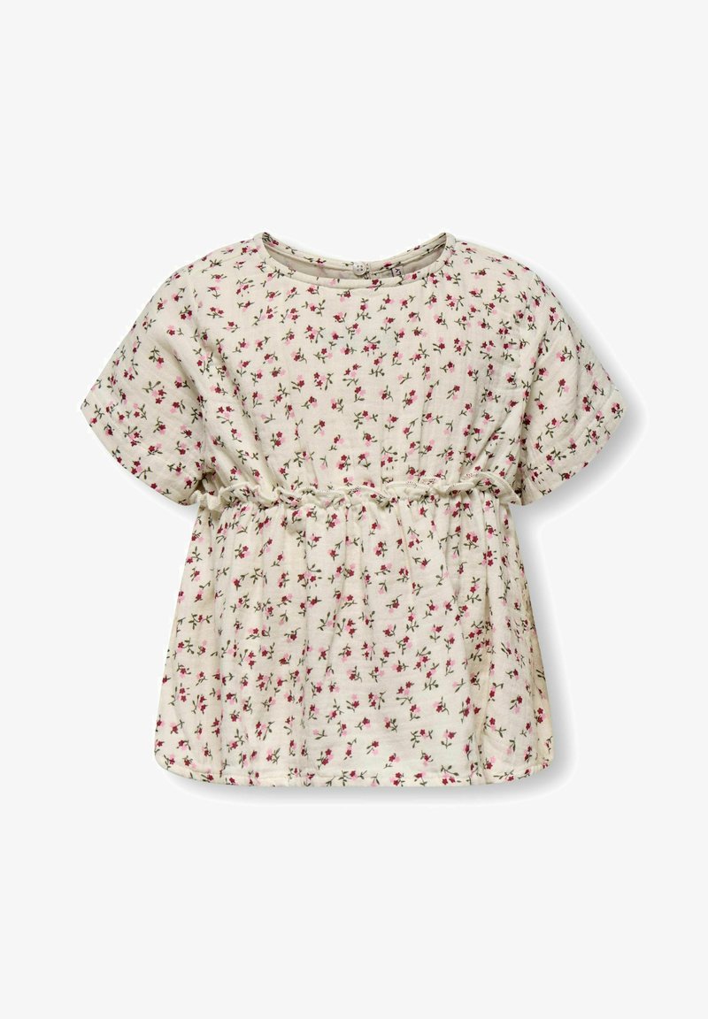 Blusa floreale in tessuto beige chiaro, con maniche corte, scollo rotondo e vita elastica, decorata con delicati motivi floreali rosa e verde.