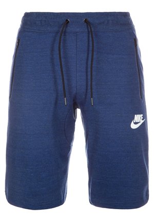Shorts de sport Nike bleu avec cordons noirs, poches latérales zippées et logo Nike blanc sur la jambe gauche.