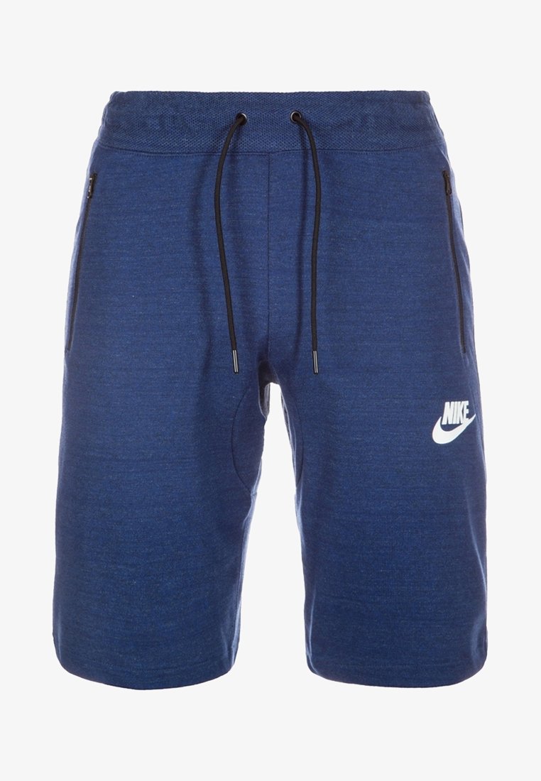 Blå Nike-träningsshorts med svarta dragsnören, fickor med dragkedja på sidorna och vit Nike-logotyp på vänster ben.