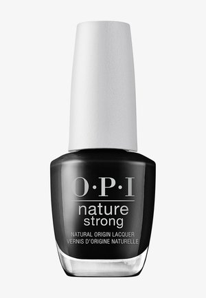 Flacon de vernis à ongles OPI Nature Strong, d'origine naturelle, noir, avec un bouchon blanc et un texte argenté à l'avant.
