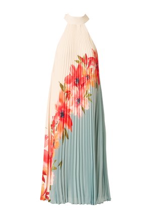 Mouwloze geplooide maxi-jurk met halternek, crèmekleurige en lichtblauwe panelen, en grote rode en oranje bloemenprint aan de voorkant.