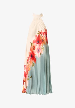 Sukienka maxi bez rękawów z plisami, z dekoltem halter, kremowymi i jasnoniebieskimi panelami oraz dużym czerwono-pomarańczowym kwiatowym wzorem z przodu.