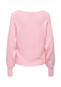 Maglione rosa a coste con scollo ampio, maniche a palloncino e orlo corto, realizzato in tessuto lavorato a maglia texturizzato.