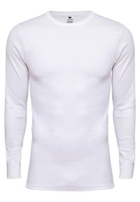 Langærmet hvid bomulds T-shirt med rund hals, glat tekstur og tætsiddende design, uden synlige mønstre eller detaljer.