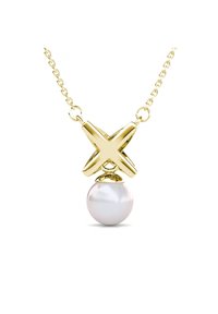 Vergulde ketting met een geometrisch kruisontwerp, met daaronder een gladde witte parelpendant. De ketting heeft een gepolijste afwerking.