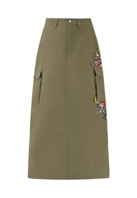 Olivengrüner Rock aus Stoff, mit einer mittellangen Länge bis zur Wade, zwei seitlichen Taschen und einem bunten gestickten Design eines Drachen.